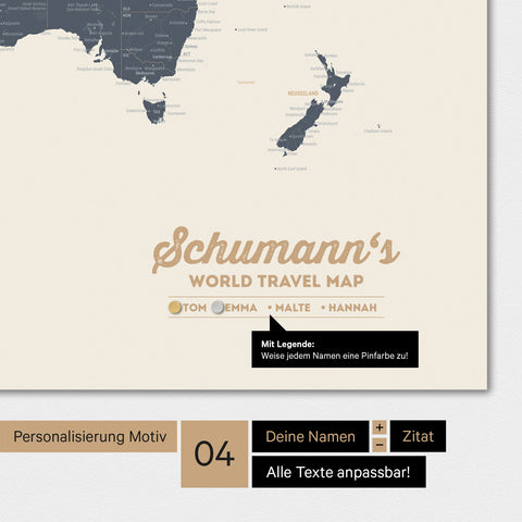 Magnetische Weltkarte in Navy Light mit Personalisierung als Logo mit Familiennamen