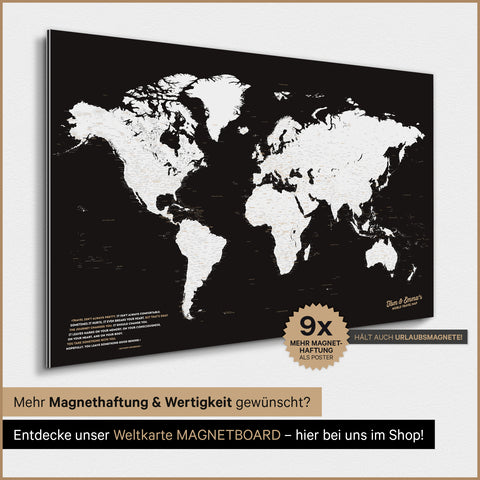 Magnetische wereldkaart TRAVEL® magnetenposter – Donker Zwart (Zwart-Wit)