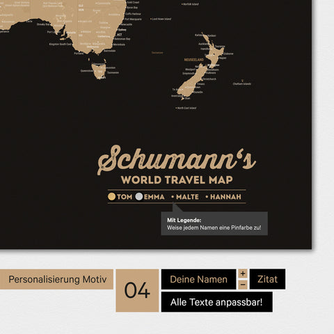 Magnetische Weltkarte in Sonar Black (Schwarz-Gold) mit Personalisierung als Logo mit Familiennamen