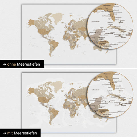 Carte du monde en couleur multicolore beige avec profondeurs marines bidimensionnelles