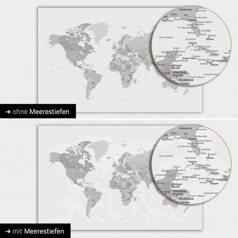 World map in multicolor gray with two-dimensional sea depths
