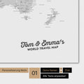 Personalized world map in multicolor gray with your name printed