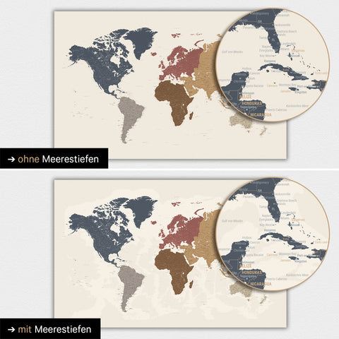 Carte du monde en couleur multicolore mate avec profondeurs marines bidimensionnelles