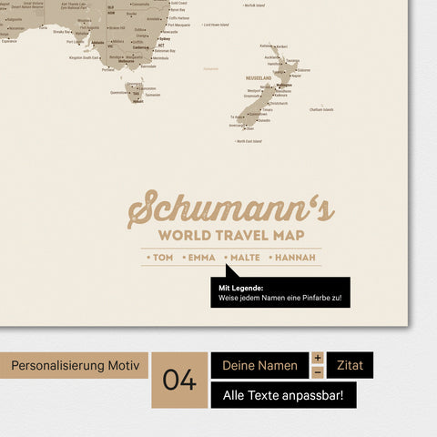 Carte du monde en couleur multicolore mate avec personnalisation en tant que logo familial