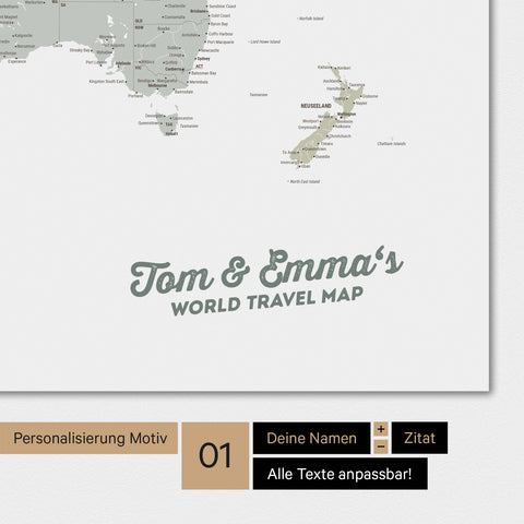 Carte du monde personnalisée en couleur multicolore sauge avec ton nom imprimé