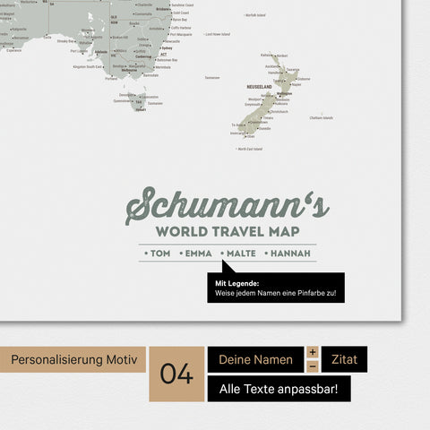Carte du monde en couleur multicolore sauge avec personnalisation en tant que logo familial