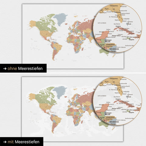 Carte du monde en couleur multicolore Sienne avec profondeurs marines bidimensionnelles