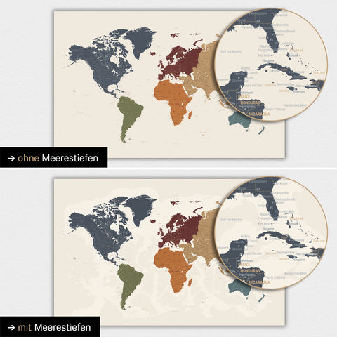 Carte du monde en couleur multicolore vif avec profondeurs marines bidimensionnelles