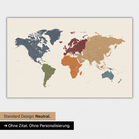 Carte du monde en couleur multicolore vif avec une citation imprimée d'Anthony Bourdain, qui peut être remplacée par n'importe quelle autre citation lors d'une personnalisation