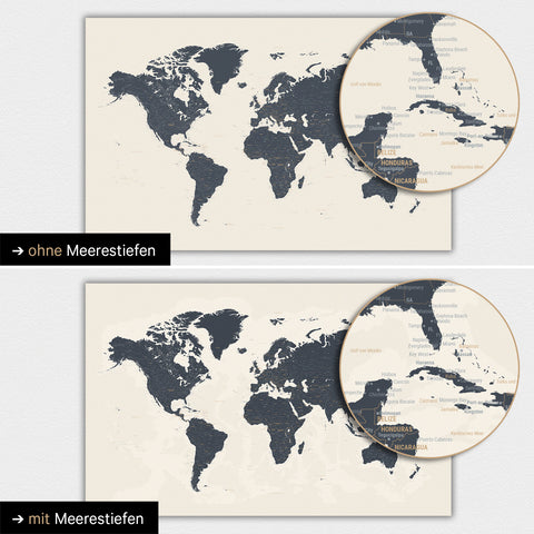 World map in Navy Light color with two-dimensional sea depths