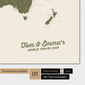 Carte du monde personnalisée en couleur Olive Green avec ton nom imprimé