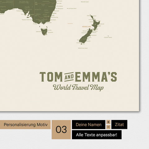 Carte du monde en couleur Olive Green avec un logo vintage comme personnalisation moderne