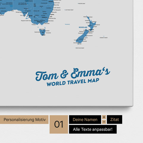 Weltkarte als Pinnwand Leinwand in Blau mit Personalisierung und Eindruck von deinen Namen