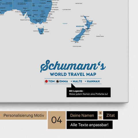 Pinnwand Leinwand einer Weltkarte in Blau mit Personalisierung als Logo mit Familiennamen und Legende