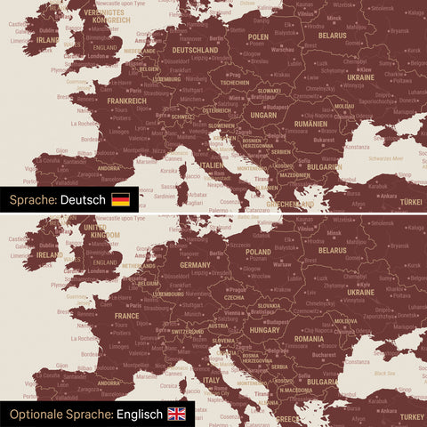 Vergleich einer Weltkarte Leinwand in Bordeaux Rot in deutscher oder optional in englischer Sprache