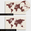 Weltkarte in Bordeaux Rot mit zweidimensionalen Meerestiefen