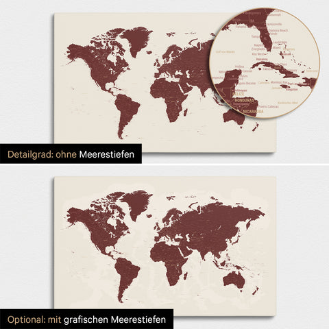 Weltkarte in Bordeaux Rot mit zweidimensionalen Meerestiefen
