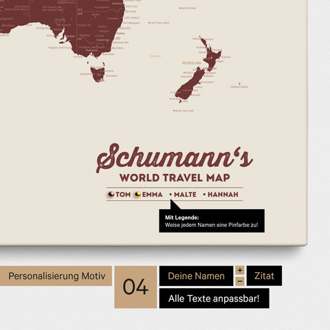 Pinnwand Leinwand einer Weltkarte in Bordeaux Rot mit Personalisierung als Logo mit Familiennamen und Legende