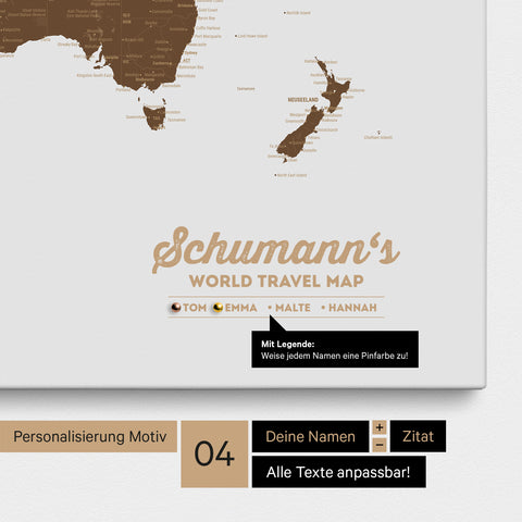 Pinnwand Leinwand einer Weltkarte in Braun mit Personalisierung als Logo mit Familiennamen und Legende
