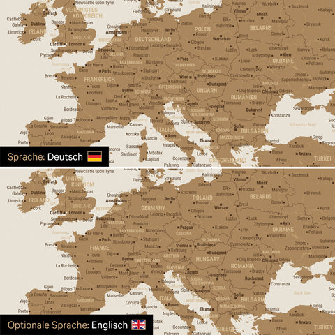 Vergleich einer Weltkarte Leinwand in Bronze in deutscher oder optional in englischer Sprache