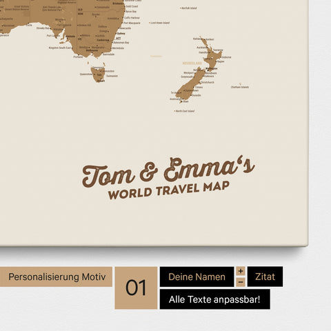 Weltkarte als Pinnwand Leinwand in Bronze mit Personalisierung und Eindruck von deinen Namen