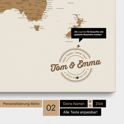 Personalisierte Weltkarte als Pinnwand Leinwand in Bronze mit eingedruckten Namen und einer Legende zur Markierung von besuchten Orten