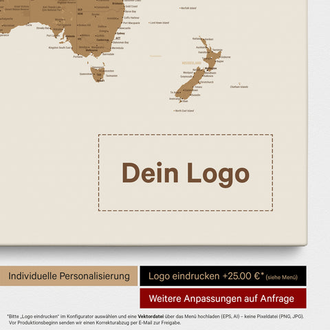 Weltkarte als Pinn-Leinwand in Bronze, auf die ein Firmenlogo eingedruckt werden kann und weitere Individualisierungen als Sonderanfertigung vorgenommen werden können