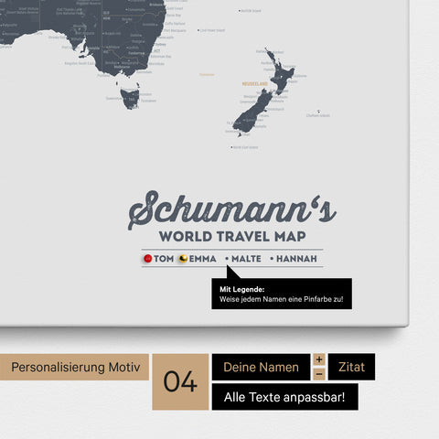 Pinnwand Leinwand einer Weltkarte in Denim Blue mit Personalisierung als Logo mit Familiennamen und Legende