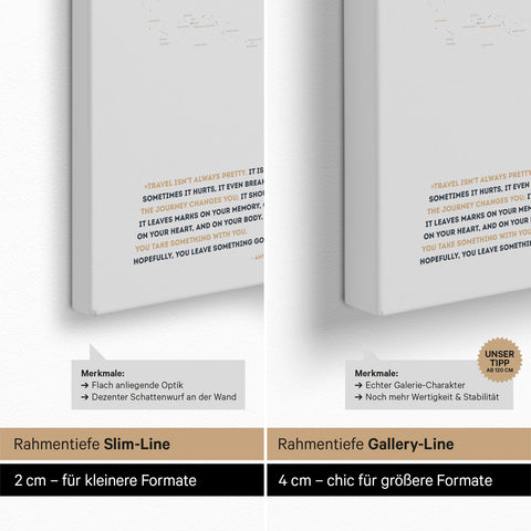 Weltkarte als Pinn-Leinwand mit einer Keilrahmen-Tiefe von 2 cm oder 4 cm