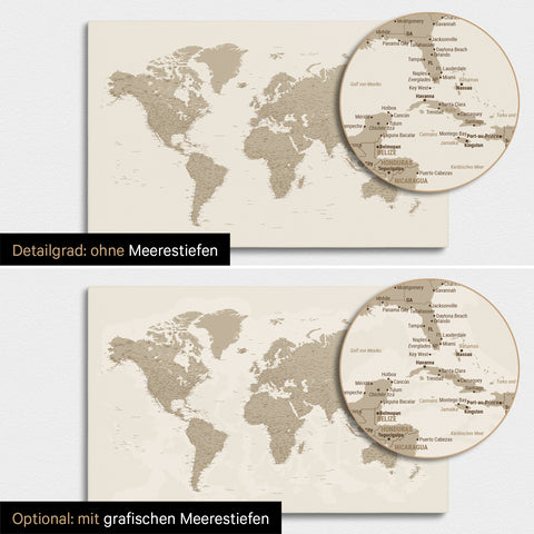Weltkarte in Desert Sand (Beige) mit zweidimensionalen Meerestiefen