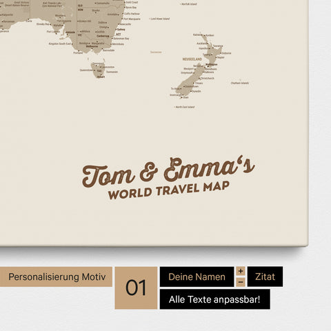 Weltkarte als Pinnwand Leinwand in Desert Sand (Beige) mit Personalisierung und Eindruck von deinen Namen