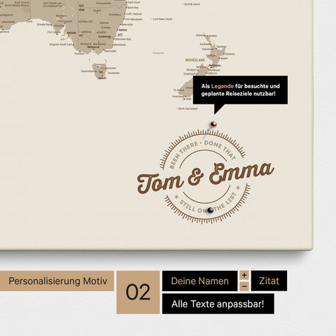Personalisierte Weltkarte als Pinnwand Leinwand in Desert Sand (Beige) mit eingedruckten Namen und einer Legende zur Markierung von besuchten Orten