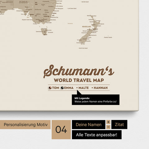 Pinnwand Leinwand einer Weltkarte in Desert Sand (Beige) mit Personalisierung als Logo mit Familiennamen und Legende