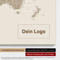 Weltkarte als Pinn-Leinwand in Desert Sand (Beige), auf die ein Firmenlogo eingedruckt werden kann und weitere Individualisierungen als Sonderanfertigung vorgenommen werden können