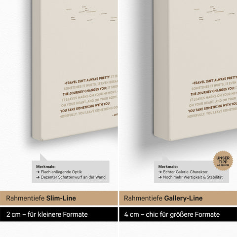 Weltkarte als Pinn-Leinwand mit einer Keilrahmen-Tiefe von 2 cm oder 4 cm