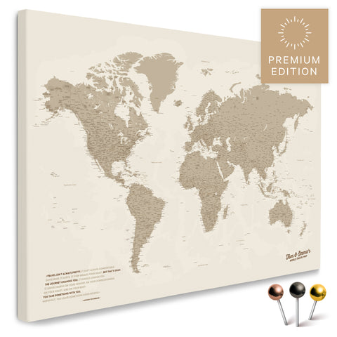 Hochwertige Weltkarte in Desert Sand (Beige) als PinnLeinwand, perfekt zum Markieren und Planen von Reisen, kaufen