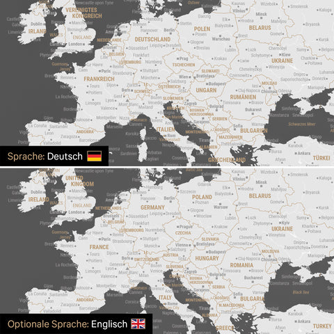 Vergleich einer Weltkarte Leinwand in Dunkelgrau in deutscher oder optional in englischer Sprache