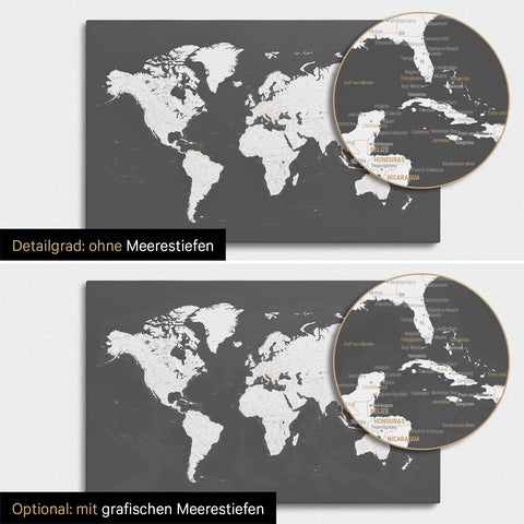 Weltkarte in Dunkelgrau mit zweidimensionalen Meerestiefen