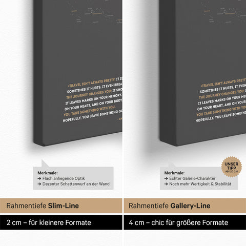 Weltkarte als Pinn-Leinwand mit einer Keilrahmen-Tiefe von 2 cm oder 4 cm