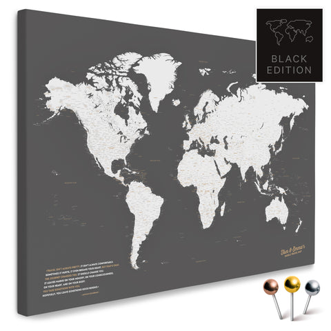 Hochwertige Weltkarte in Dunkelgrau als PinnLeinwand, perfekt zum Markieren und Planen von Reisen, kaufen