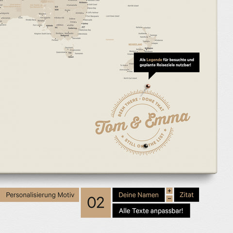 Personalisierte Weltkarte als Pinnwand Leinwand in Gold mit eingedruckten Namen und einer Legende zur Markierung von besuchten Orten
