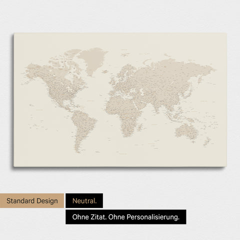 Neutrale und schlichte Ausführung einer Weltkarte als Pinn-Leinwand in Gold ohne Personalisierung