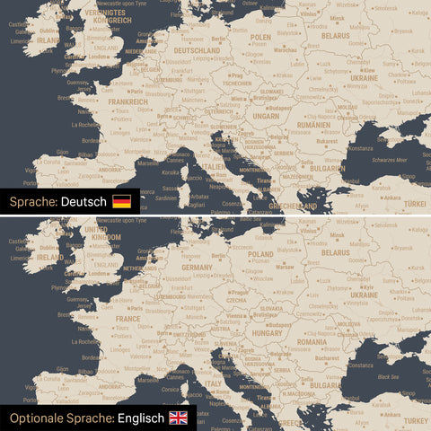 Vergleich einer Weltkarte Leinwand in Hale Navy (Dunkelblau Gold) in deutscher oder optional in englischer Sprache