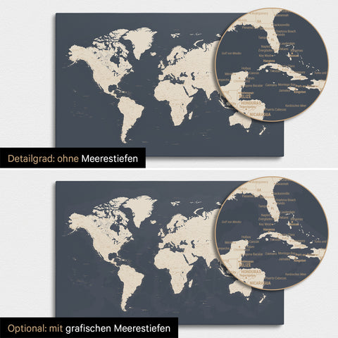 Weltkarte in Hale Navy (Dunkelblau Gold) mit zweidimensionalen Meerestiefen