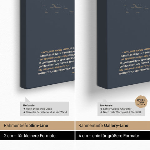 Weltkarte als Pinn-Leinwand mit einer Keilrahmen-Tiefe von 2 cm oder 4 cm