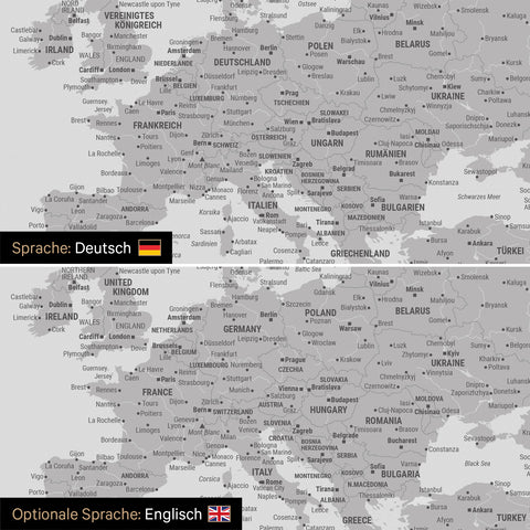 Vergleich einer Weltkarte Leinwand in Hellgrau in deutscher oder optional in englischer Sprache