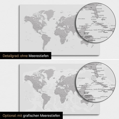 Weltkarte in Hellgrau mit zweidimensionalen Meerestiefen