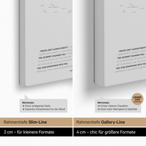 Weltkarte als Pinn-Leinwand mit einer Keilrahmen-Tiefe von 2 cm oder 4 cm