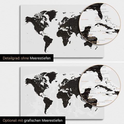Weltkarte in Light Black (Weiß Schwarz) mit zweidimensionalen Meerestiefen