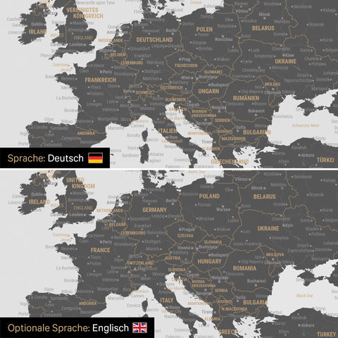 Vergleich einer Weltkarte Leinwand in Light Gray in deutscher oder optional in englischer Sprache